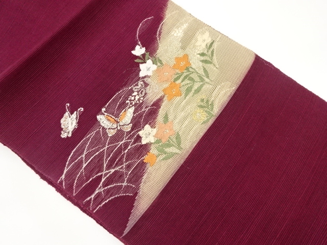 JAPANESE NAGOYA OBI FOR SUMMER / TSUMUGI / WOVEN BALLOON FLOWER